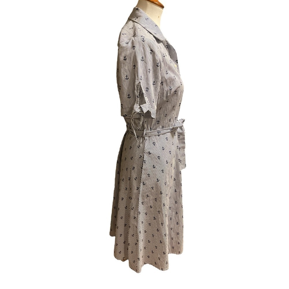 Chloe+rene Blue White Stripe Anchor Button Down Tie Front Knee Length Dress - Picture 4 of 8